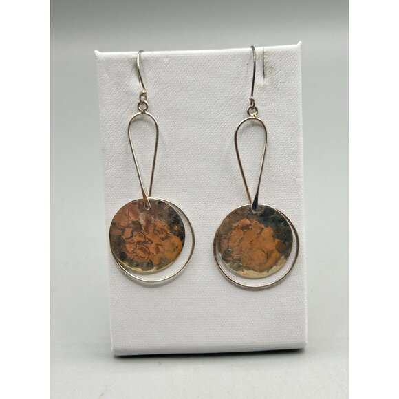 Sterling Silver 925 Dangles Earrings Pierced Long Drops with Hammered Disks - Picture 2 of 6